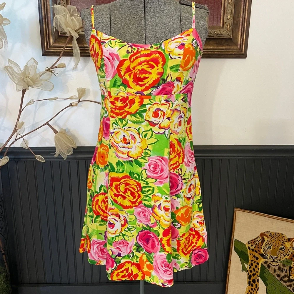 Jams World Vibrant Floral Sundress Slip Mini Dress Made in Hawaii - Sz XS 🧡🎀 - Picture 2 of 13
